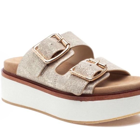 NWT J/SLIDES BOWIE Gold Metallic Suede Sandal - Picture 1 of 14